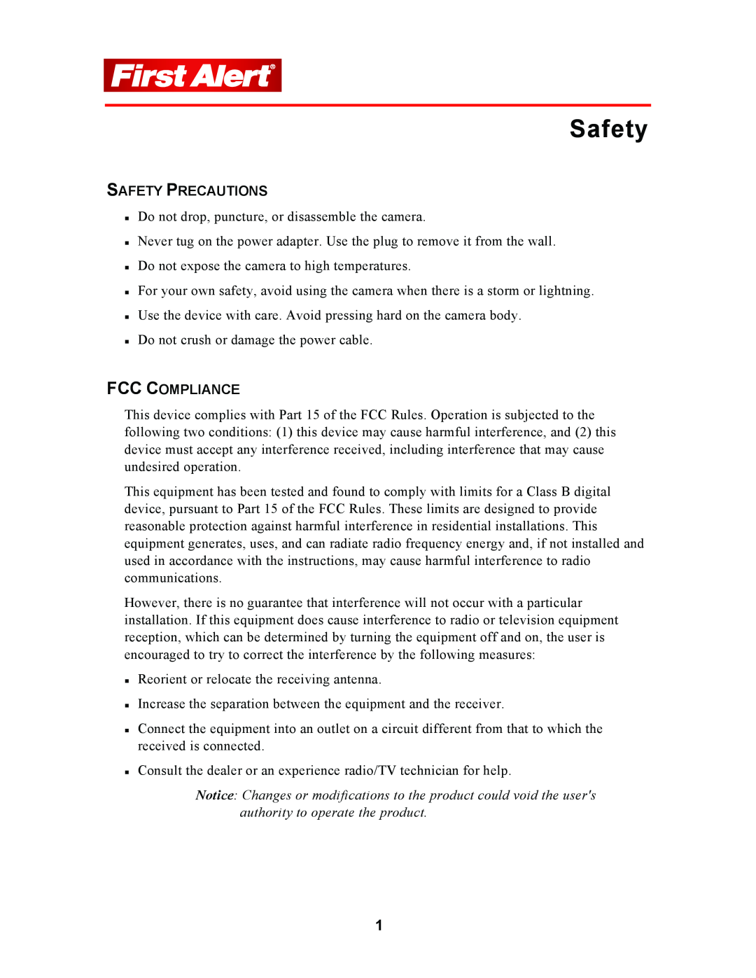 First Alert P-500 user manual Safety Precautions, Fcc Compliance 