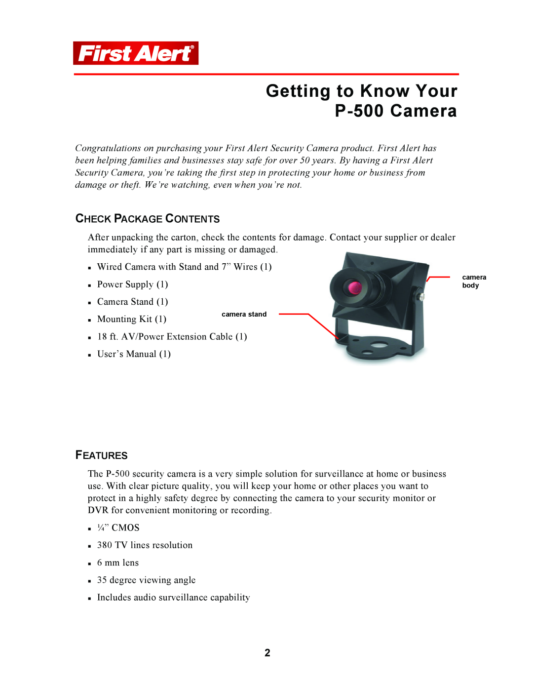 First Alert user manual Getting to Know Your P-500Camera, Check Package Contents, Features 