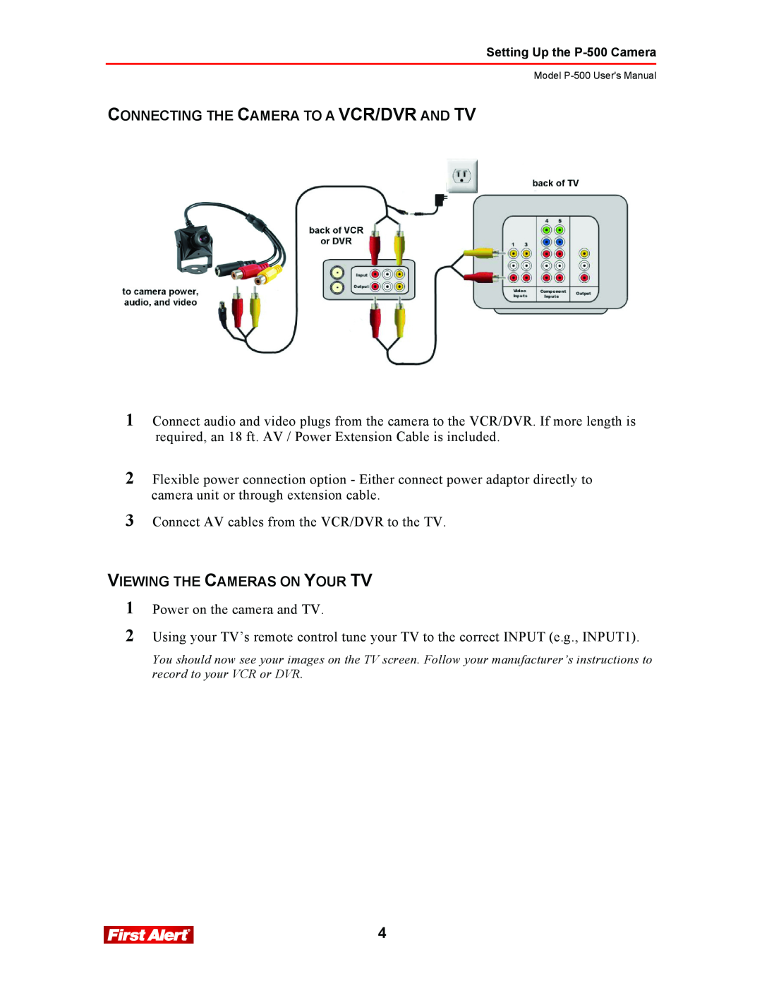 First Alert P-500 user manual Connecting The Camera To A Vcr/Dvr And Tv, Viewing The Cameras On Your Tv 