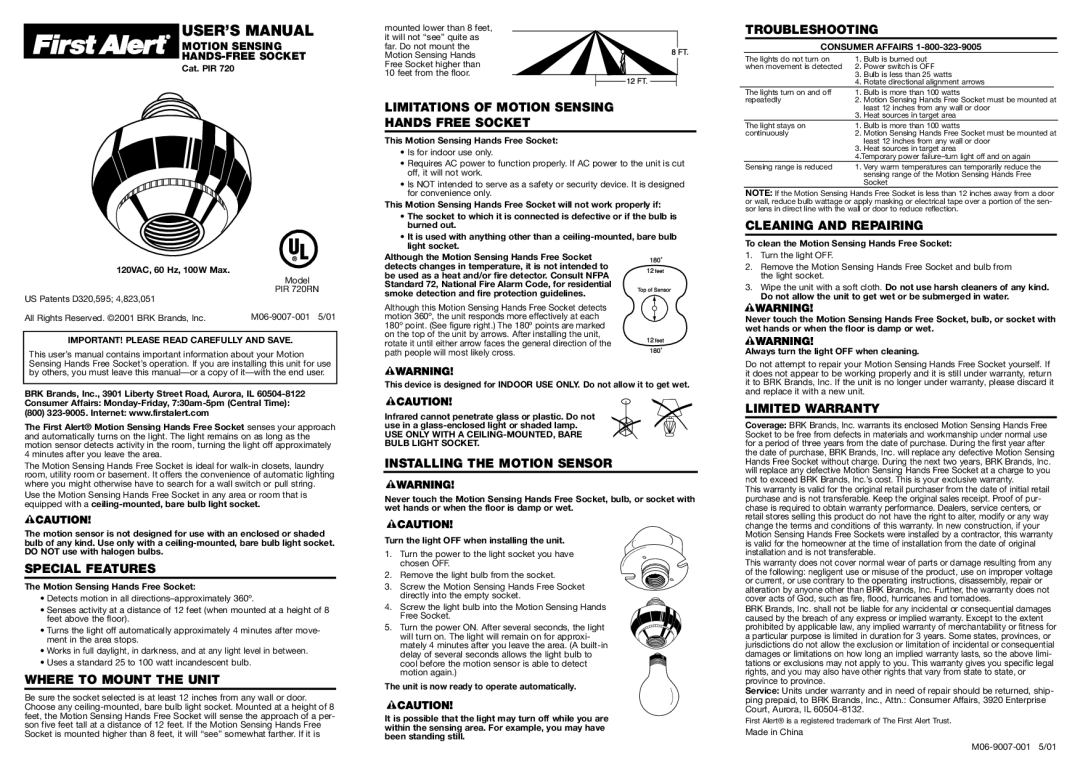 First Alert PIR720R user manual Special Features, Where to Mount the Unit, Limitations of Motion Sensing Hands Free Socket 