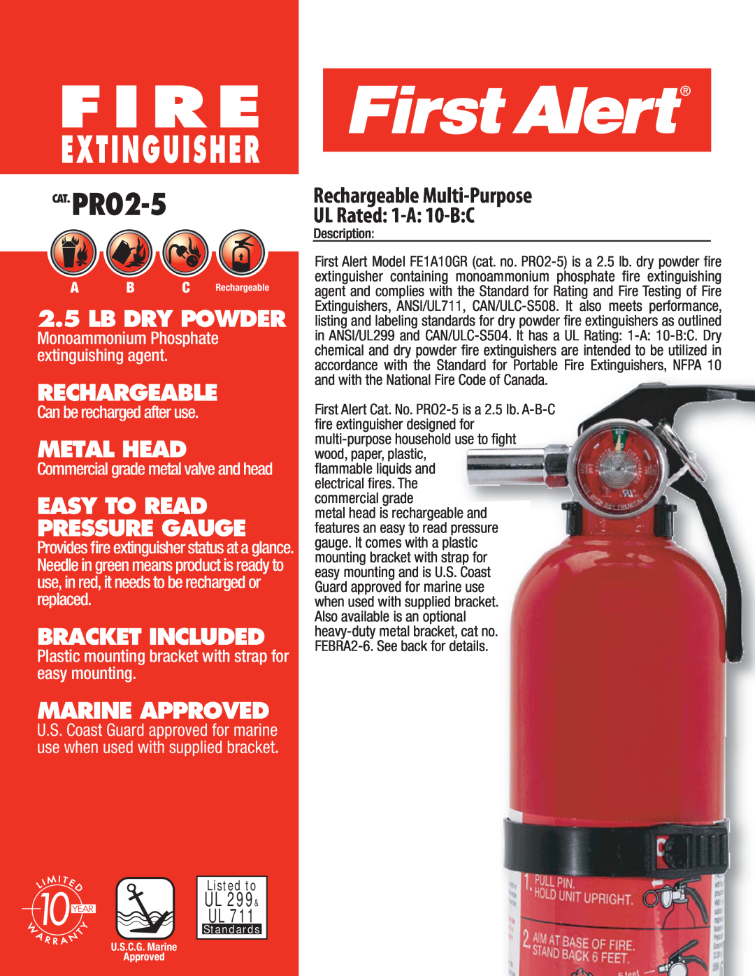 First Alert PR02-5 manual Monoammonium Phosphate extinguishing agent, Commercial grade metal valve and head, Fire, Ul Ul 
