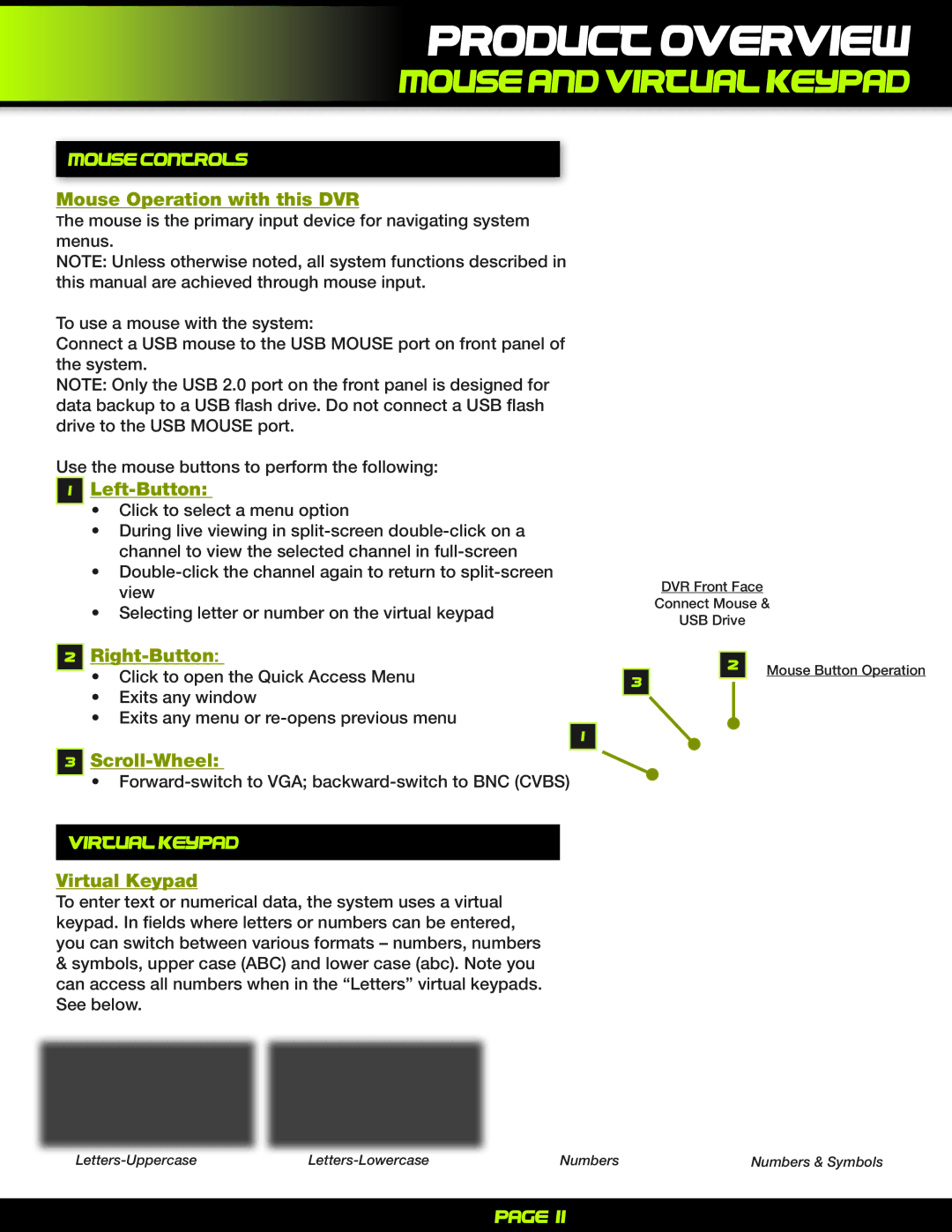 First Alert PRO-D1610 user manual Mouse and virtual Keypad, Mouse controls, Virtual Keypad 