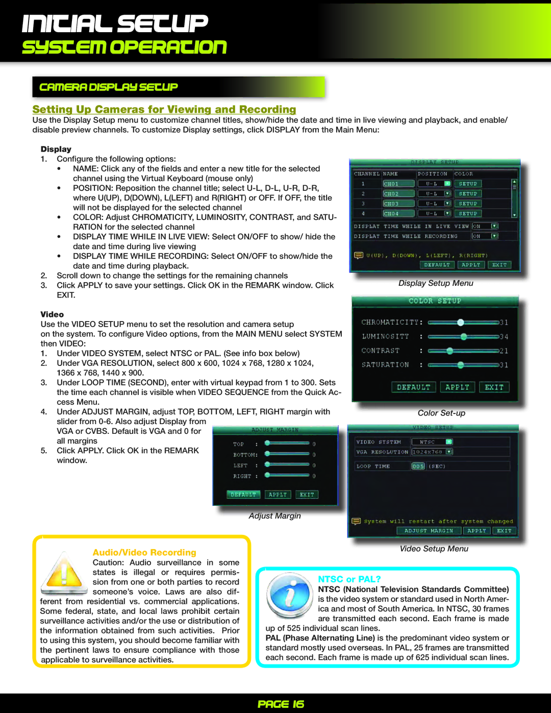 First Alert PRO-D1610 Camera display setup, Setting Up Cameras for Viewing and Recording, Ntsc or PAL?, Display, Video 