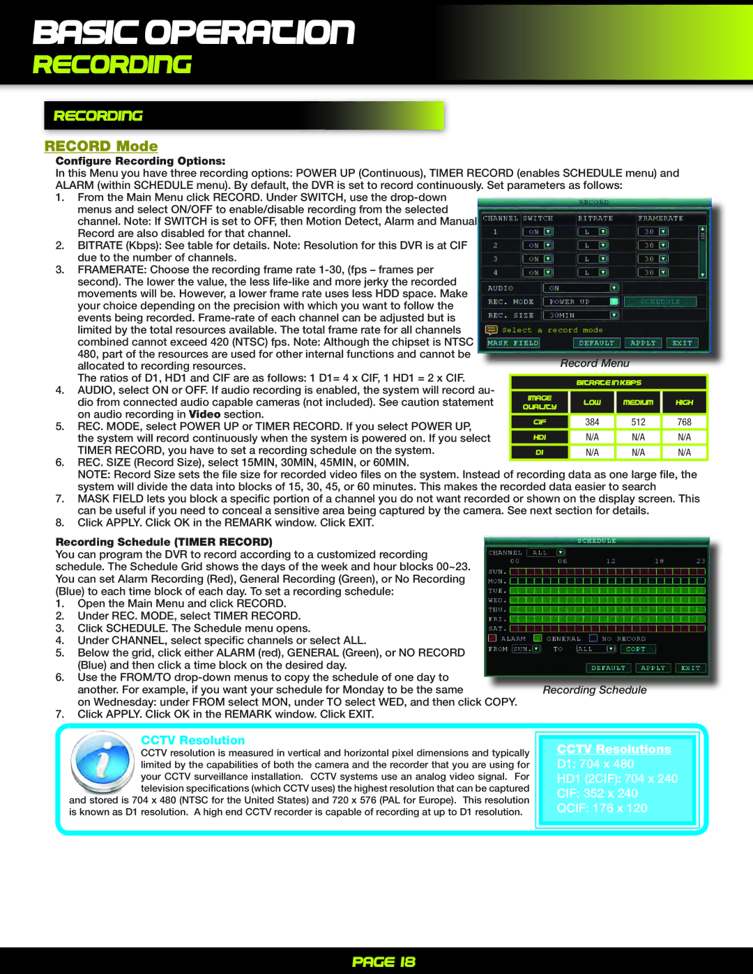 First Alert PRO-D1610 user manual Basic Operation, Recording, Record Mode, Cctv Resolution 