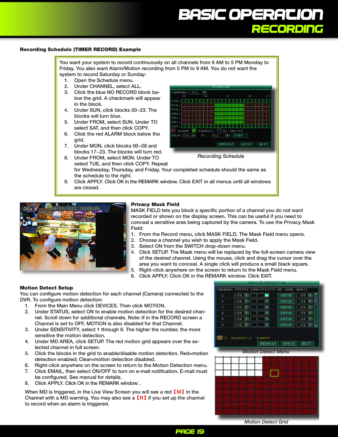 First Alert PRO-D1610 Recording Schedule Timer Record Example, Privacy Mask Field, Motion Detect Setup, Motion Detect Menu 