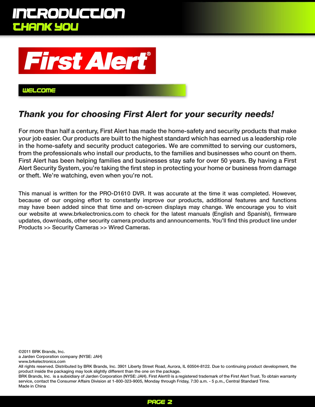 First Alert PRO-D1610 user manual Introduction, Thank you, Welcome 