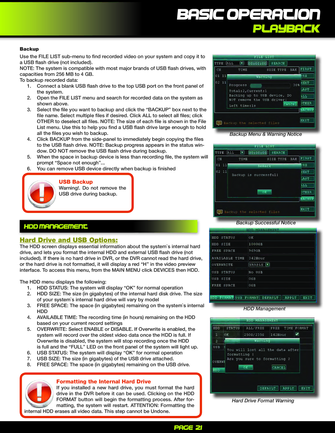 First Alert PRO-D1610 user manual HDD Management, Hard Drive and USB Options, Backup 