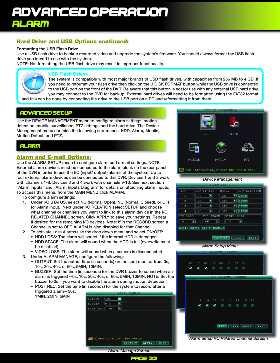 First Alert PRO-D1610 user manual Advanced Operation, Advanced Setup, Alarm and E-mail Options, USB Flash Drives 