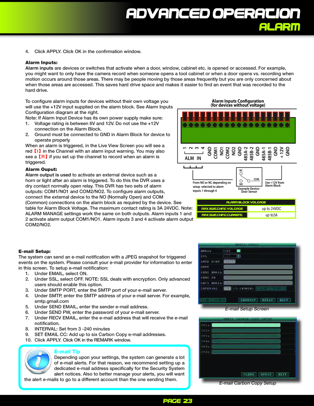 First Alert PRO-D1610 user manual ALarm, Mail Tip, Alarm Inputs, Mail Setup Screen Mail Carbon Copy Setup 