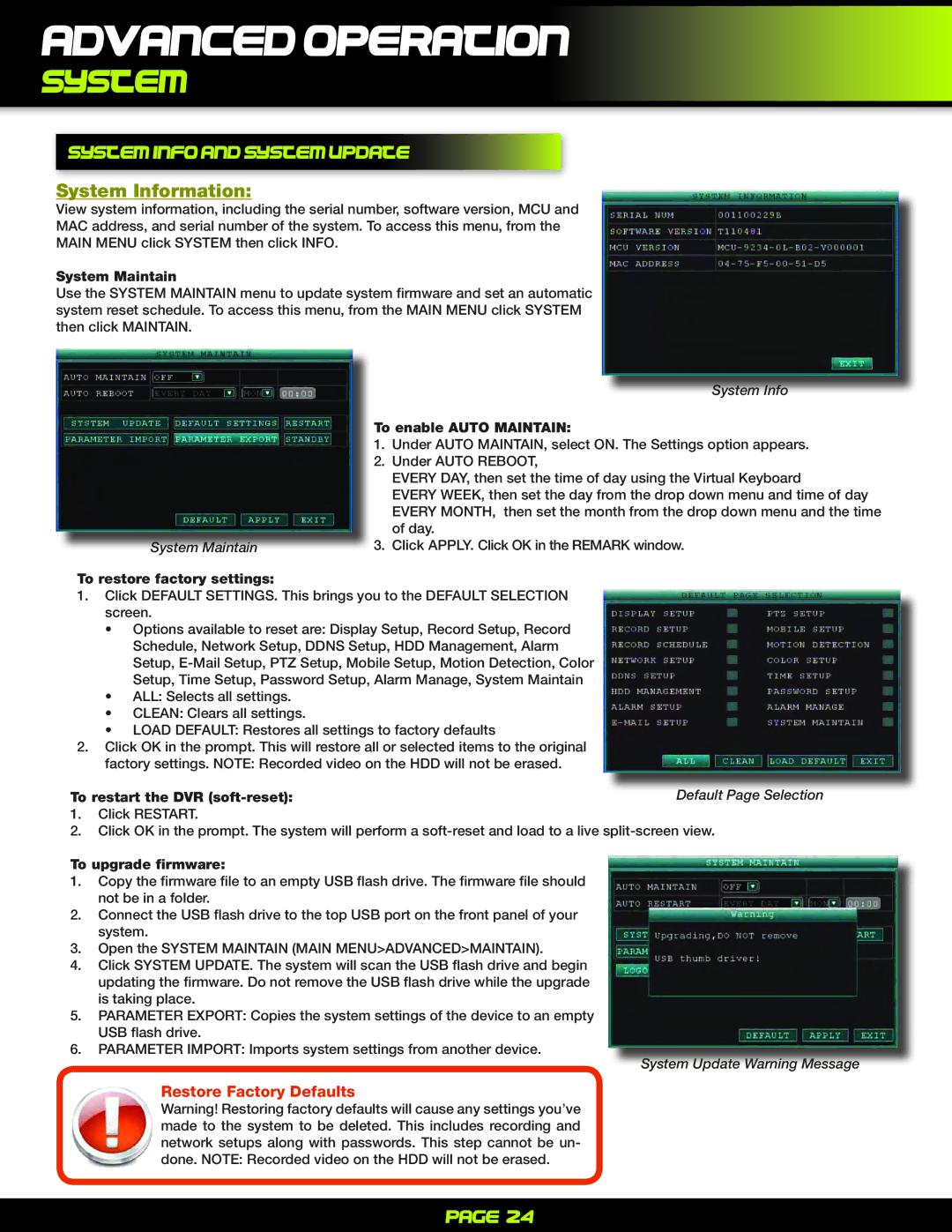 First Alert PRO-D1610 user manual System Info and System Update, System Information 