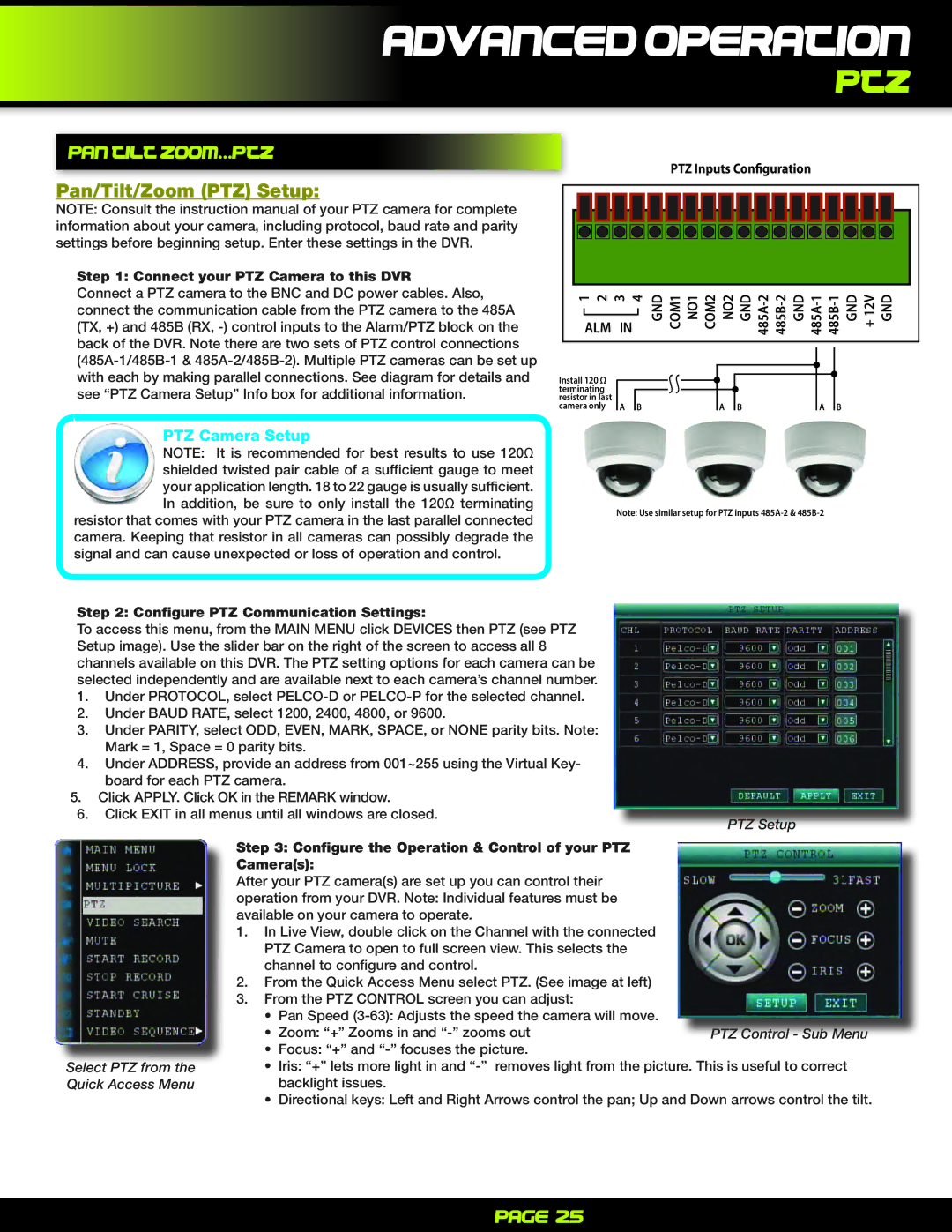 First Alert PRO-D1610 user manual Pan tilt zoom...PTZ, Pan/Tilt/Zoom PTZ Setup, PTZ Camera Setup 