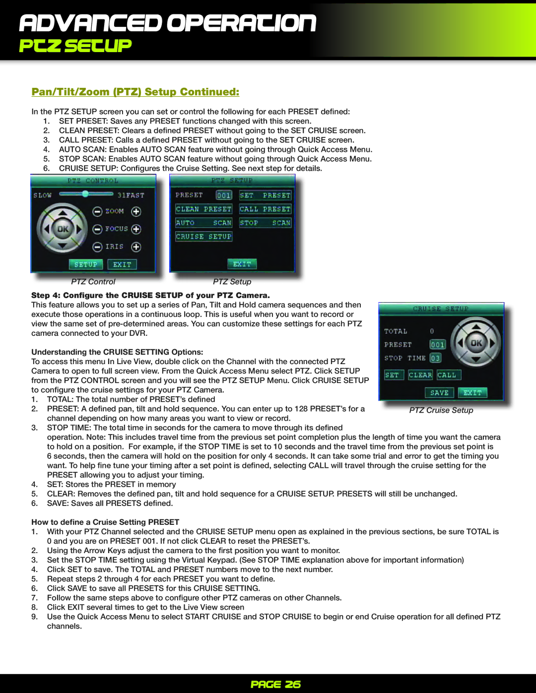 First Alert PRO-D1610 user manual PTZ Control PTZ Setup, Configure the Cruise Setup of your PTZ Camera 