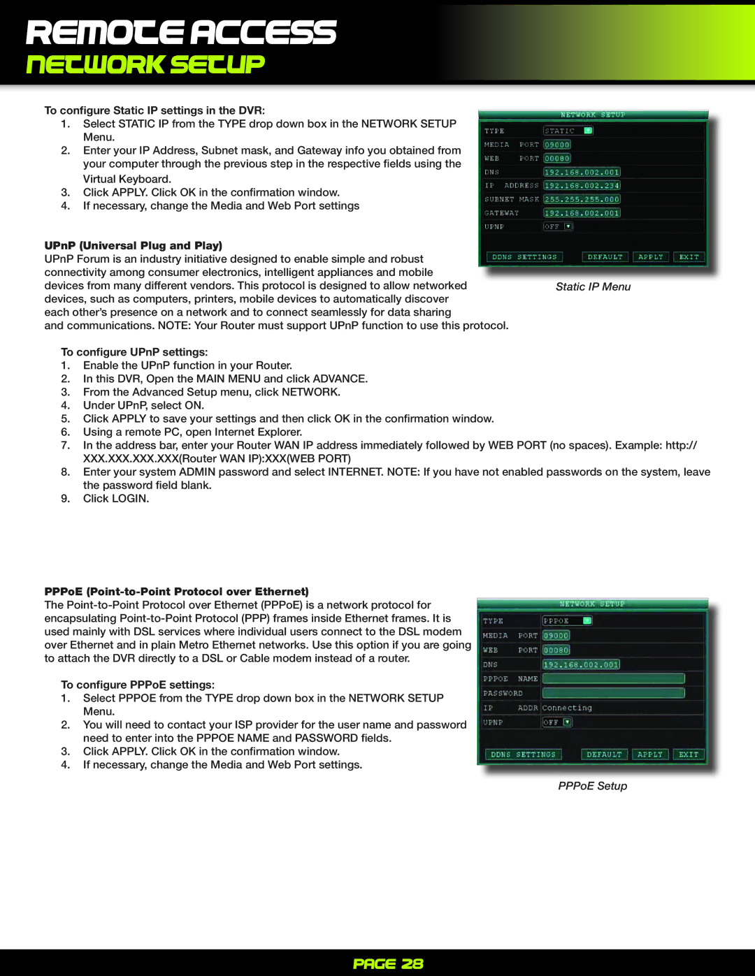 First Alert PRO-D1610 To configure Static IP settings in the DVR, UPnP Universal Plug and Play, To configure UPnP settings 