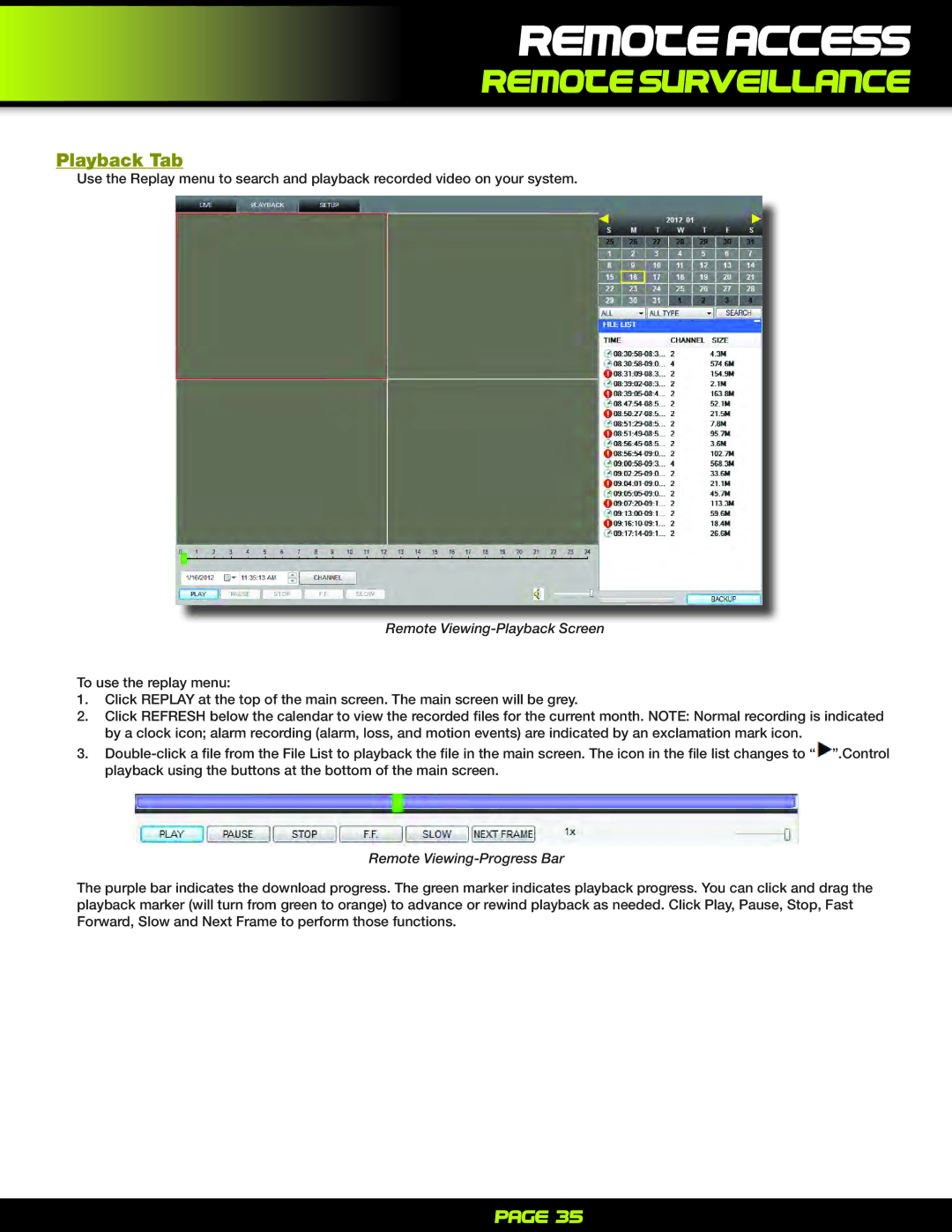 First Alert PRO-D1610 user manual Playback Tab, Remote Viewing-Playback Screen, Remote Viewing-Progress Bar 