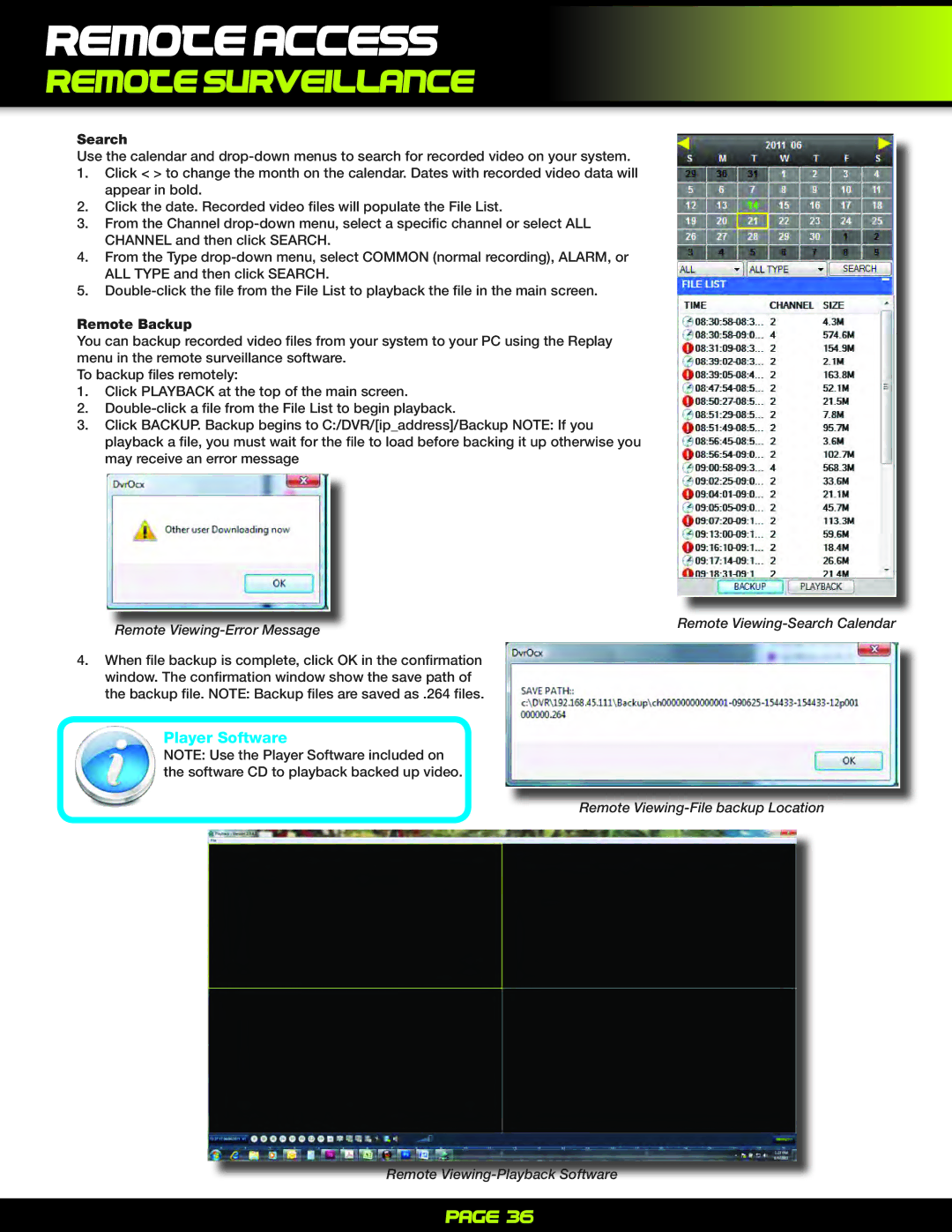 First Alert PRO-D1610 Player Software, Remote Backup, Remote Viewing-Error Message Remote Viewing-Search Calendar 