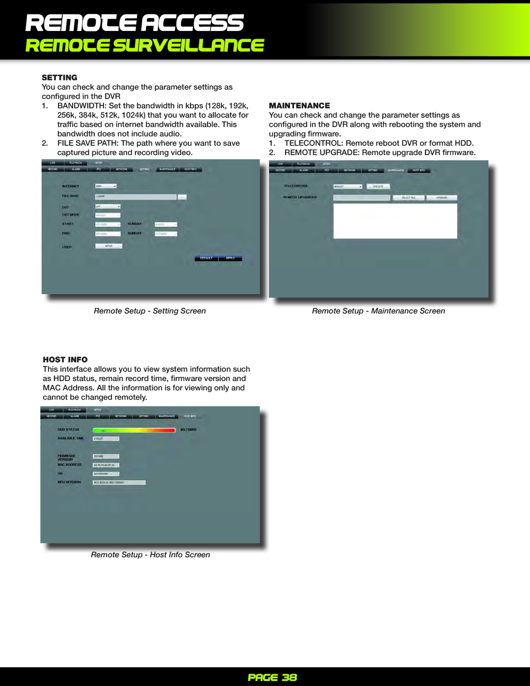 First Alert PRO-D1610 Remote Setup Setting Screen Remote Setup Maintenance Screen, Remote Setup Host Info Screen 