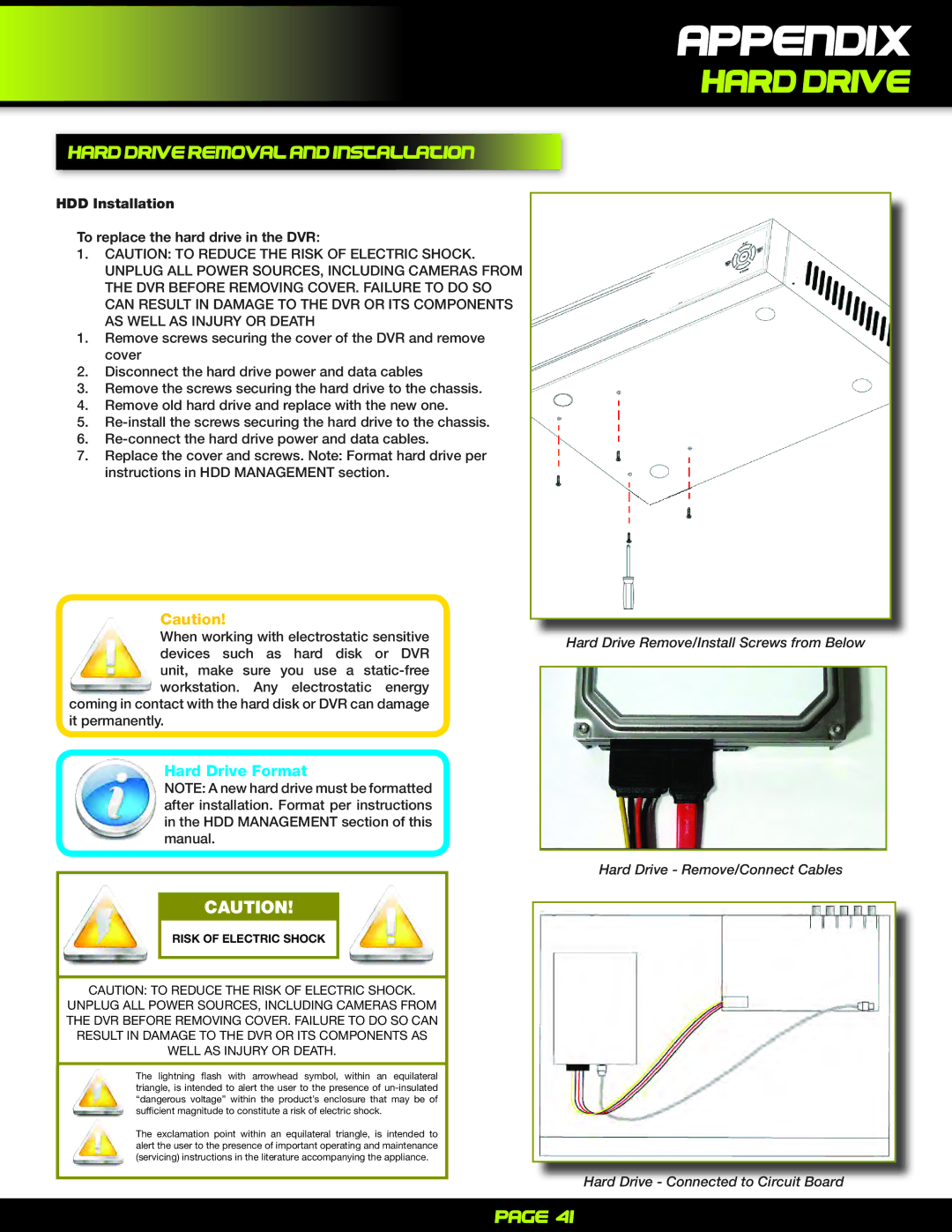 First Alert PRO-D1610 user manual Appendix, Hard Drive Removal and Installation, Hard Drive Format 