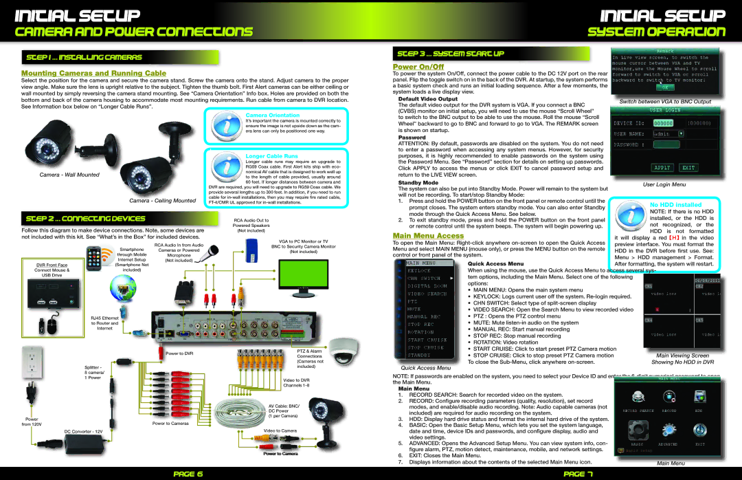 First Alert Pro-Dc8810-520/Pro-DC8410-520 manual Initial setup, Camera and power connections, System operation 