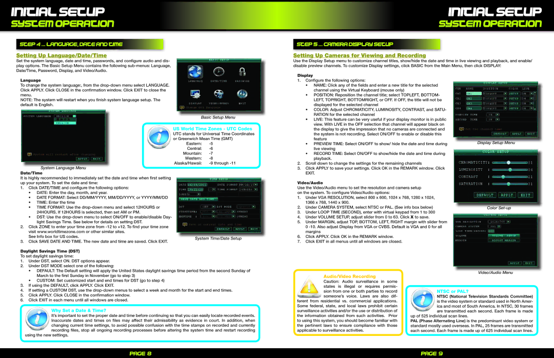 First Alert Pro-Dc8810-520/Pro-DC8410-520 Language, date and time, Setting Up Language/Date/Time, Camera display setup 