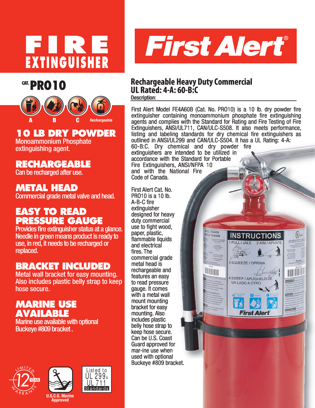 First Alert PRO10 manual Monoammonium Phosphate extinguishing agent, Commercial grade metal valve and head, Fire 