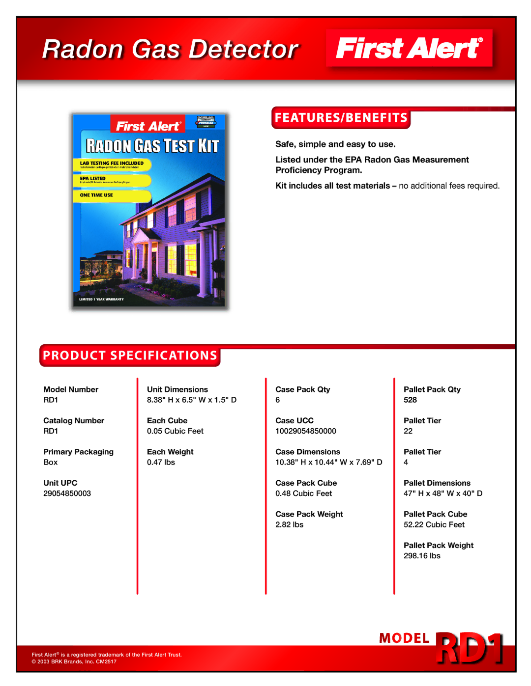 First Alert RD1 specifications Radon Gas Detector, Product Specifications 