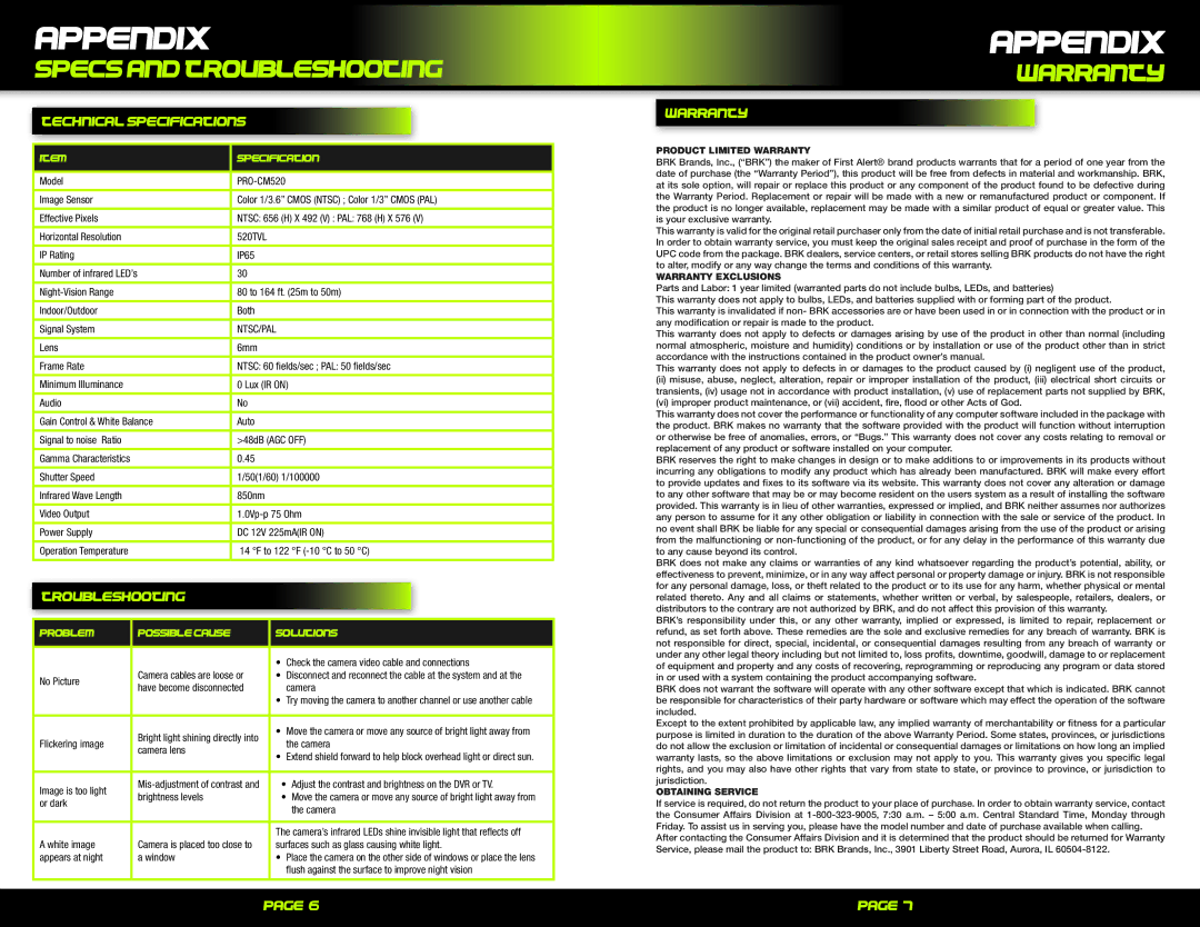 First Alert S20CVL user manual Appendix, Specs and Troubleshooting, Warranty 