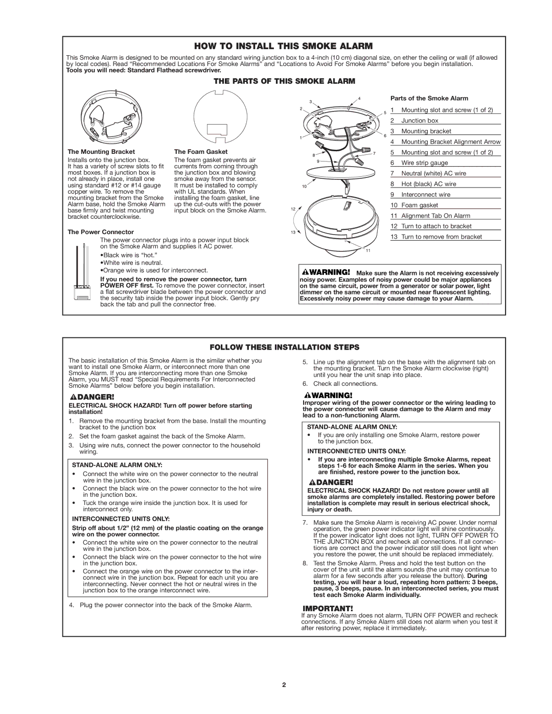 First Alert SA100B, 100S HOW to Install this Smoke Alarm, Parts of this Smoke Alarm, Follow These Installation Steps 