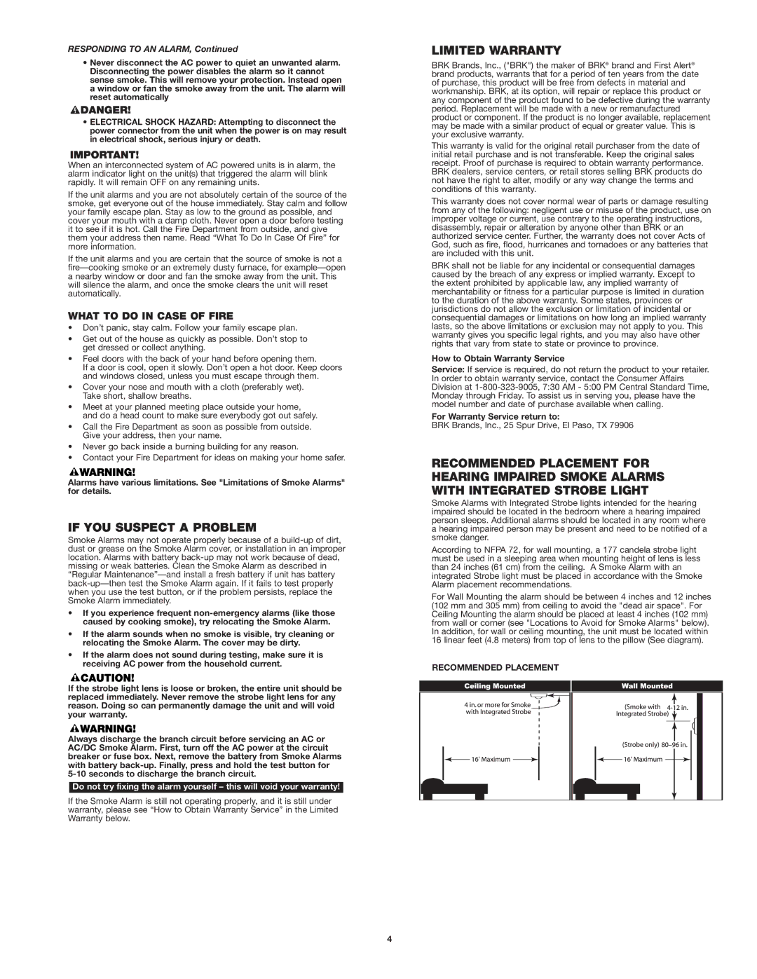 First Alert SA100B, 100S If YOU Suspect a Problem, Limited Warranty, What to do in Case of Fire, Responding to AN Alarm 