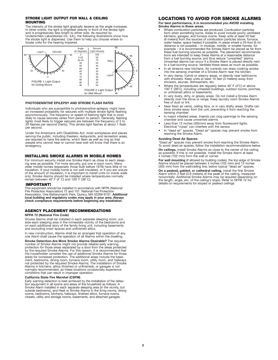 First Alert 100S, SA100B user manual Locations to Avoid for Smoke Alarms, Strobe Light Output for Wall & Ceiling Mounting 