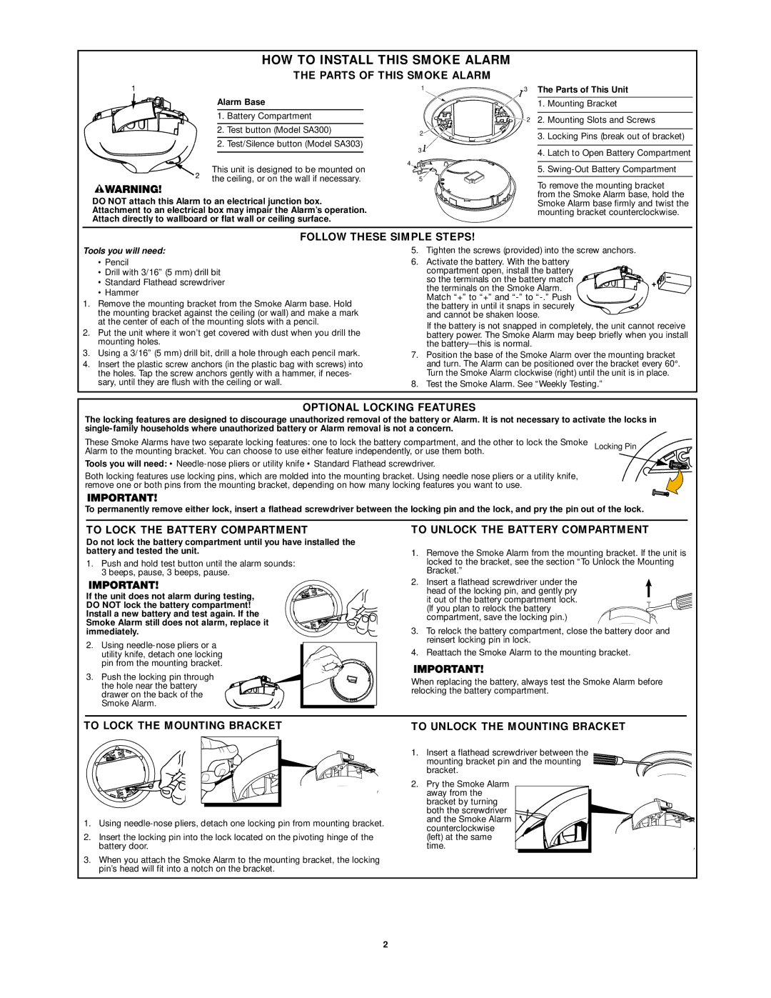 First Alert SA300, SA303 user manual HOW to Install this Smoke Alarm 