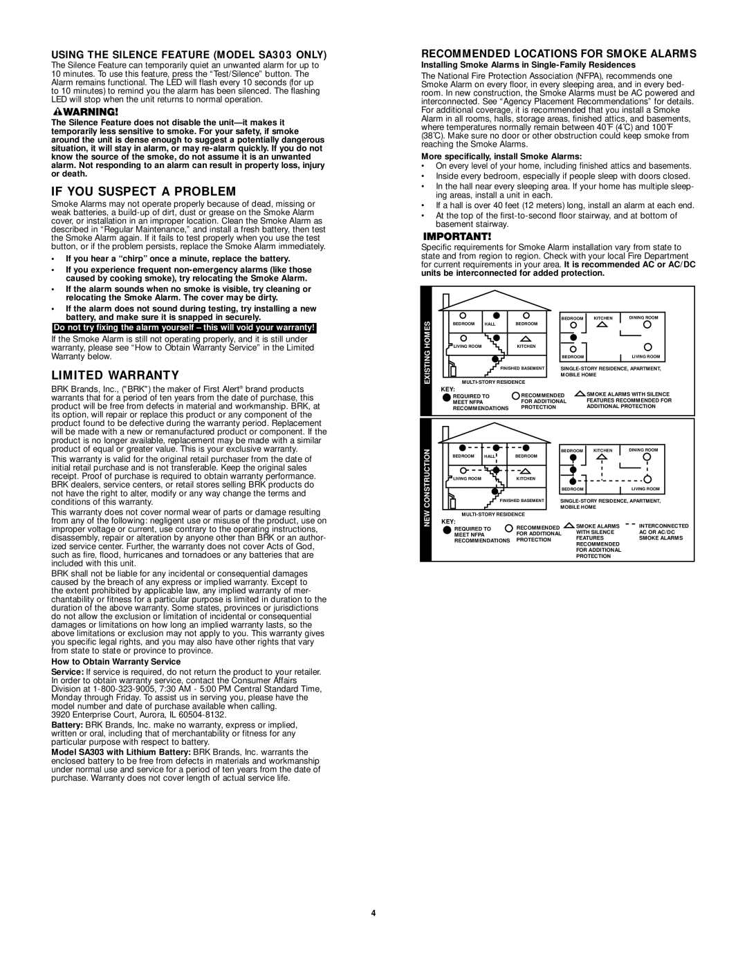 First Alert SA300 user manual If YOU Suspect a Problem, Limited Warranty, Using the Silence Feature Model SA303 only 