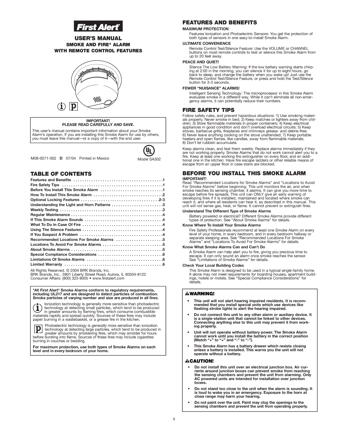 First Alert SA302 user manual USER’S Manual, Table of Contents, Features and Benefits, Fire Safety Tips 