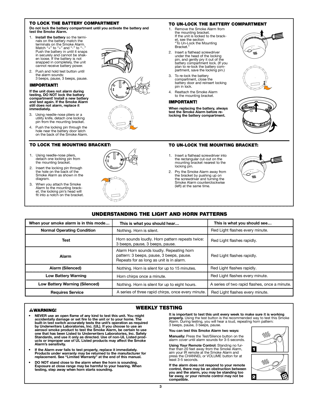 First Alert SA302 user manual Understanding the Light and Horn Patterns, Weekly Testing 