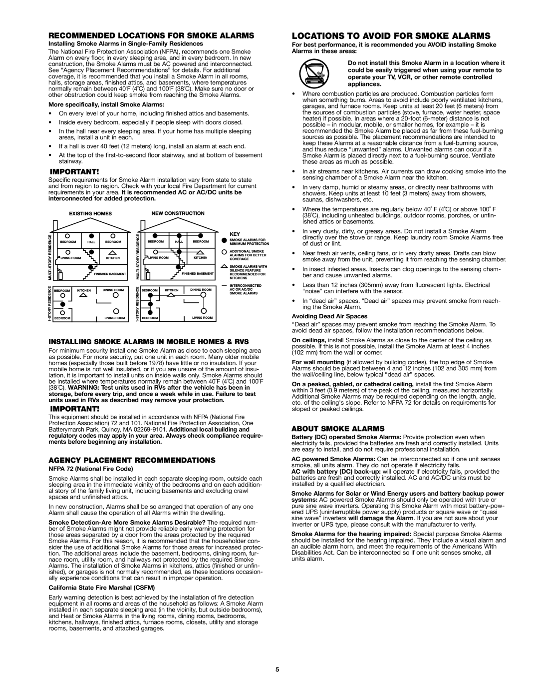 First Alert SA302 Locations to Avoid for Smoke Alarms, Installing Smoke Alarms in Mobile Homes & RVS, About Smoke Alarms 