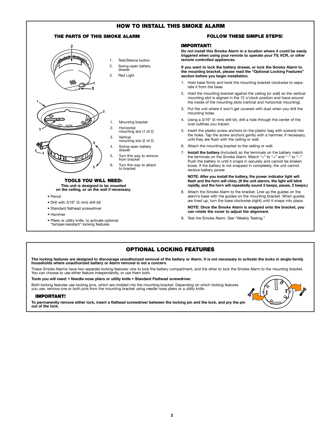 First Alert SA302 user manual How To Install This Smoke Alarm, Optional Locking Features, The Parts Of This Smoke Alarm 