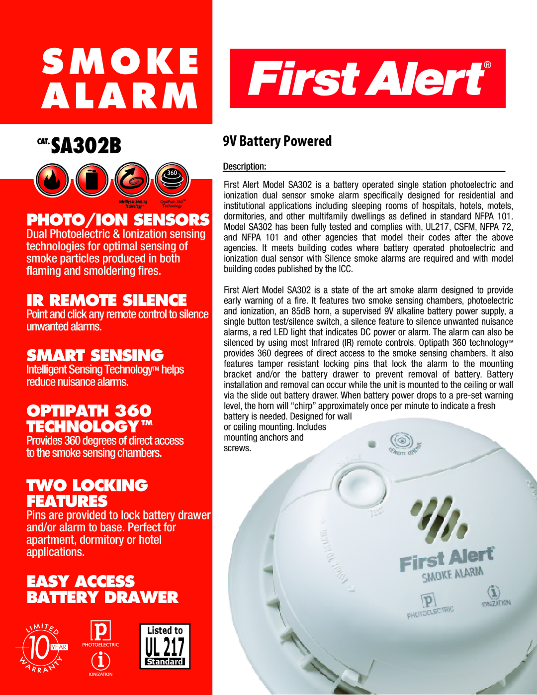 First Alert SA302B manual PHOTO/ION Sensors, IR Remote Silence, Smart Sensing, Optipath Technologytm, TWO Locking Features 