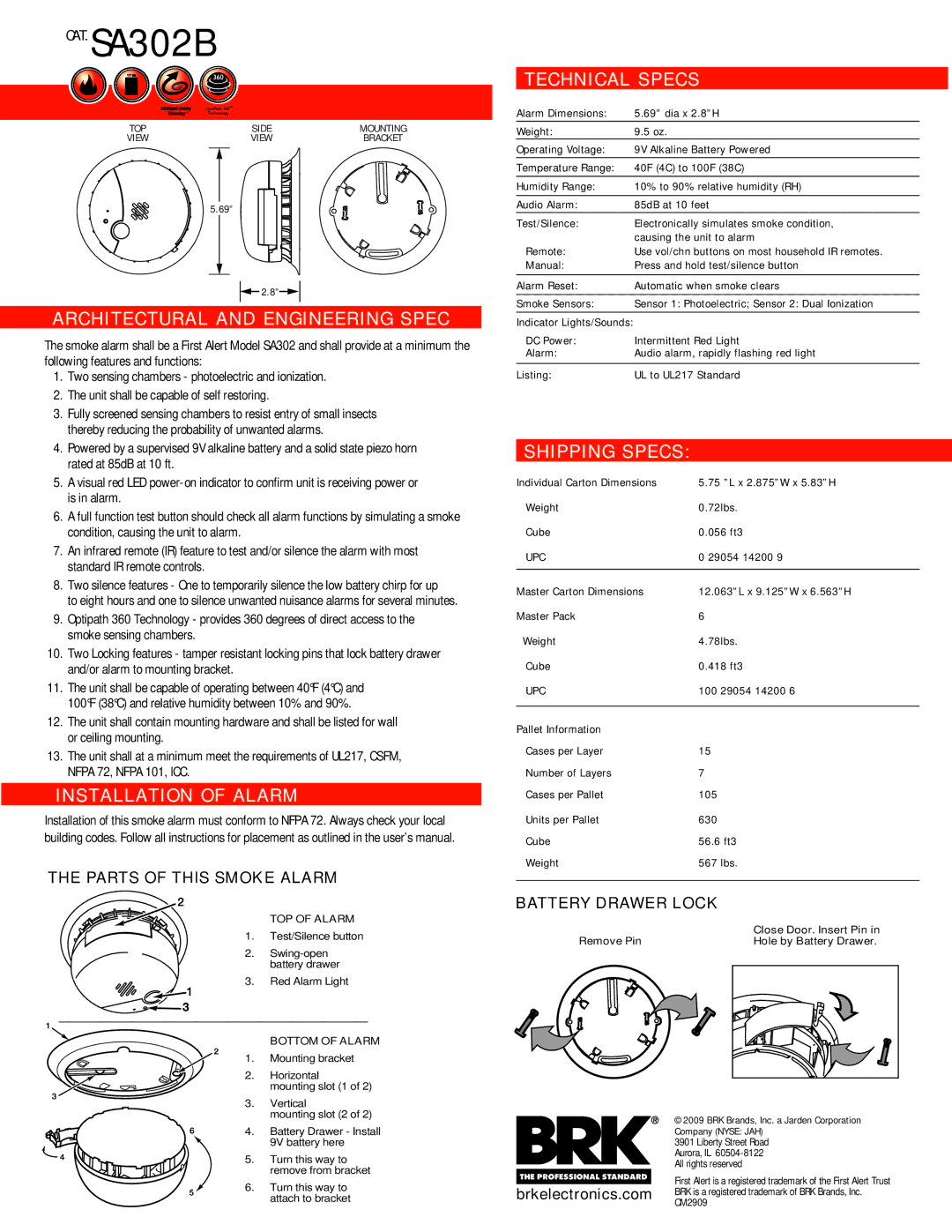 First Alert SA302B manual Architectural and Engineering Spec, Installation of Alarm, Technical Specs, Shipping Specs 