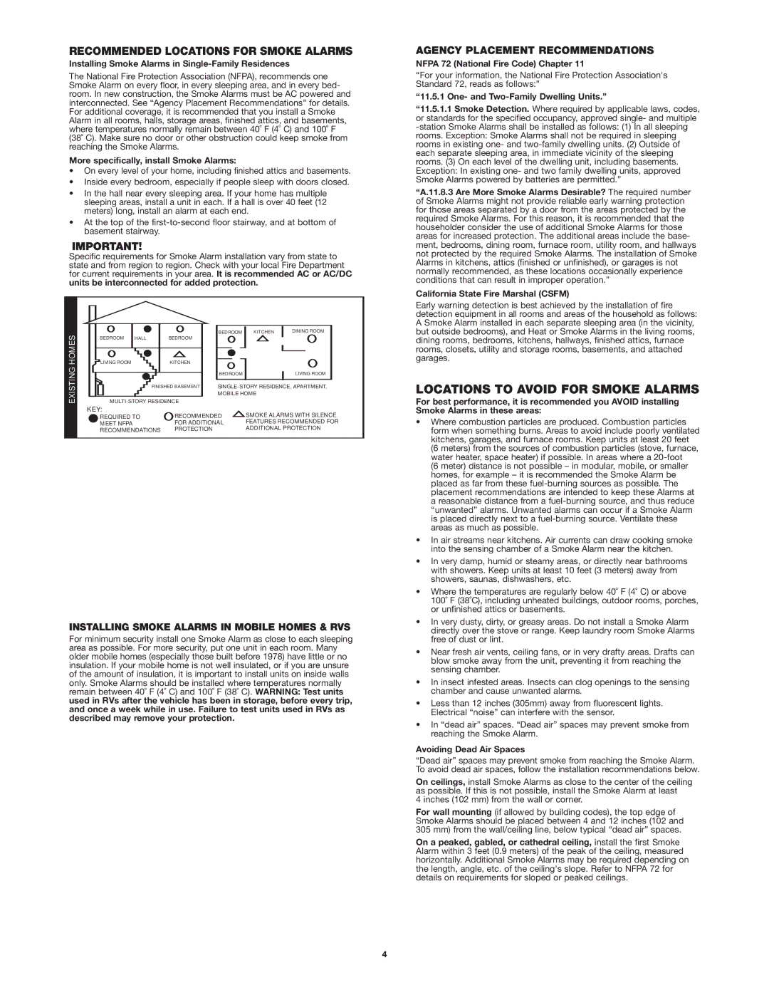 First Alert SA304 user manual Locations to Avoid for Smoke Alarms, Installing Smoke Alarms in Mobile Homes & RVS 