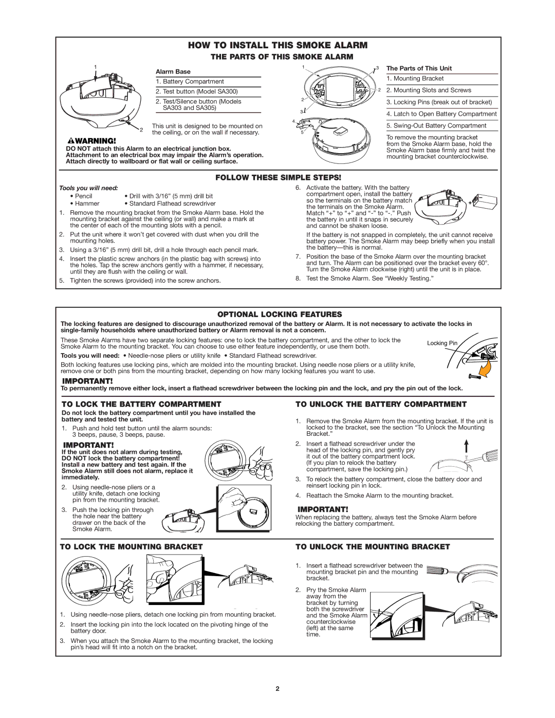 First Alert SA303, SA305, SA300 user manual HOW to Install this Smoke Alarm 