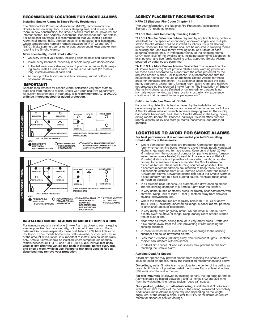 First Alert SA300, SA305, SA303 Locations to Avoid for Smoke Alarms, Installing Smoke Alarms in Mobile Homes & RVS 