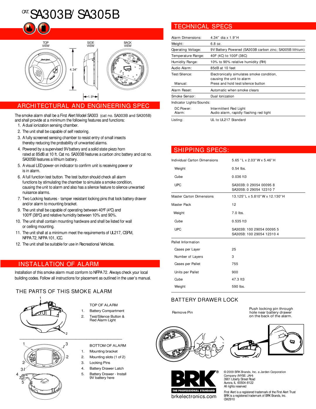 First Alert SA305B, SA303B manual Architectural and Engineering Spec, Installation of Alarm, Technical Specs, Shipping Specs 