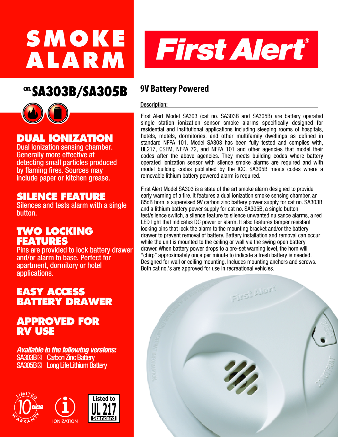First Alert manual CAT.SA303B/SA305B, Description, Smoke Alarm, UL217, Dual Ionization, Silence Feature, Listed to 