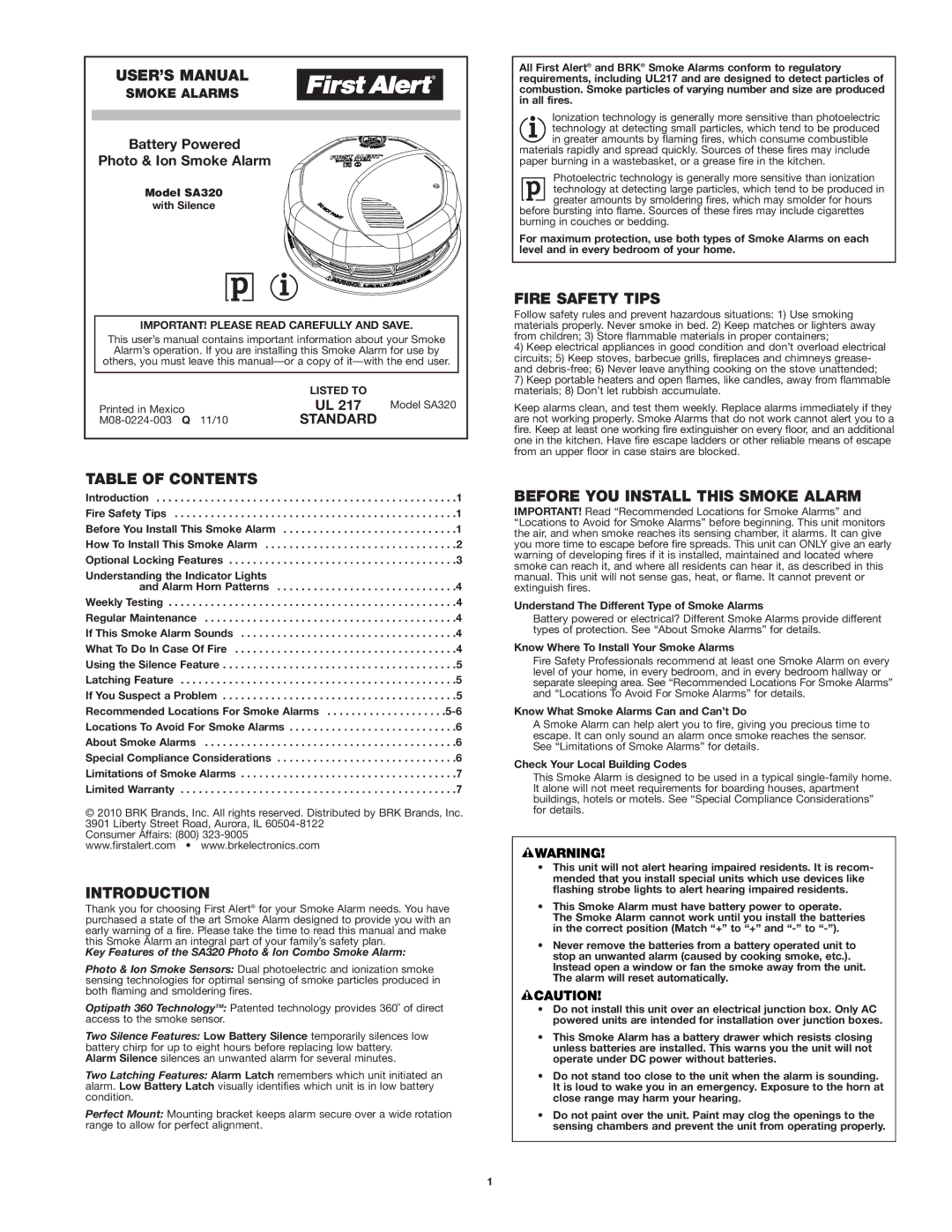 First Alert SA320 user manual USER’S Manual, Table of Contents, Introduction, Fire Safety Tips 