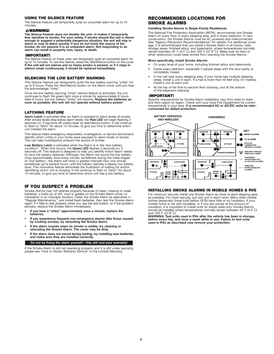 First Alert SA320 user manual If YOU Suspect a Problem, Recommended Locations for Smoke Alarms 