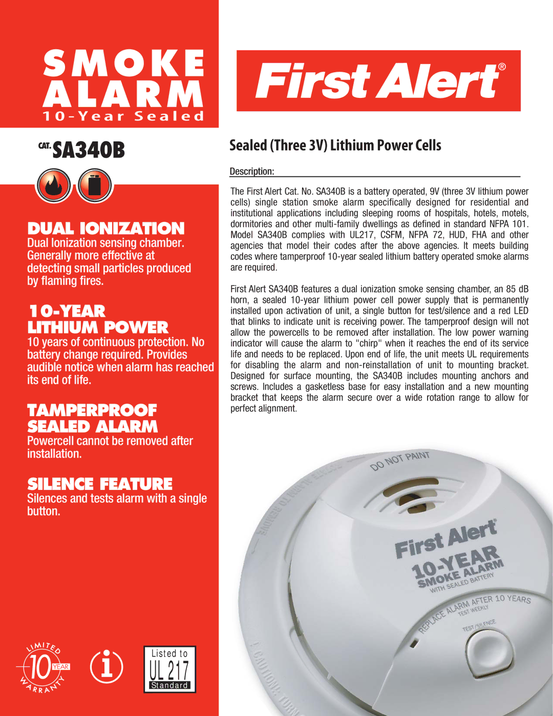 First Alert SA340B manual Dual Ionization, Year Lithium Power, Tamperproof Sealed Alarm, Silence Feature 