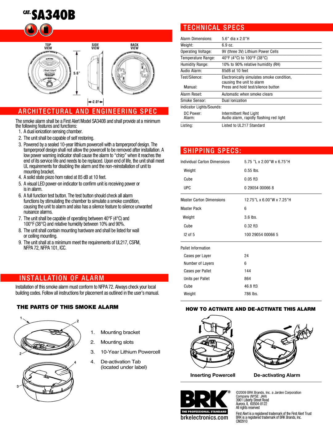 First Alert SA340B manual Architectural and Engineering Spec, Installation of Alarm, Technical Specs, Shipping Specs 