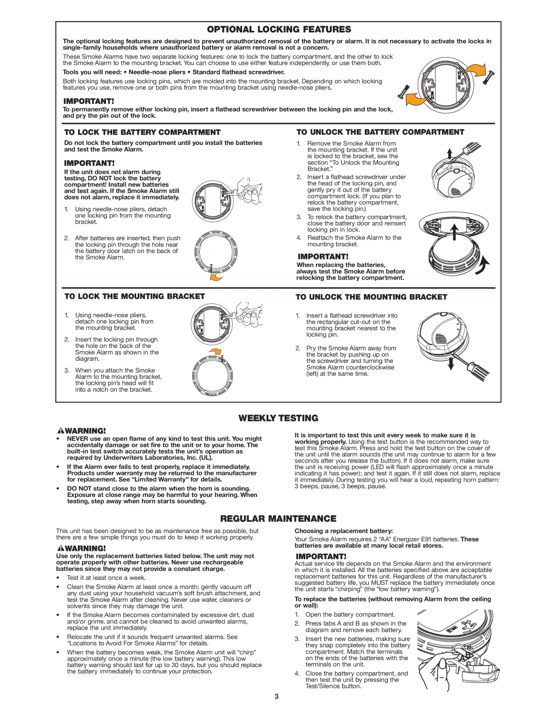 First Alert SA500 user manual Optional Locking Features, Weekly Testing, Regular Maintenance 