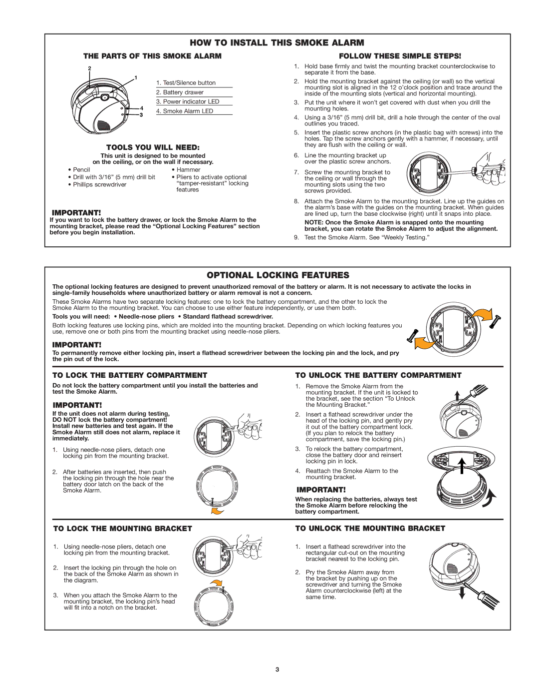 First Alert SA511CN2-3ST user manual HOW to Install this Smoke Alarm, Optional Locking Features 