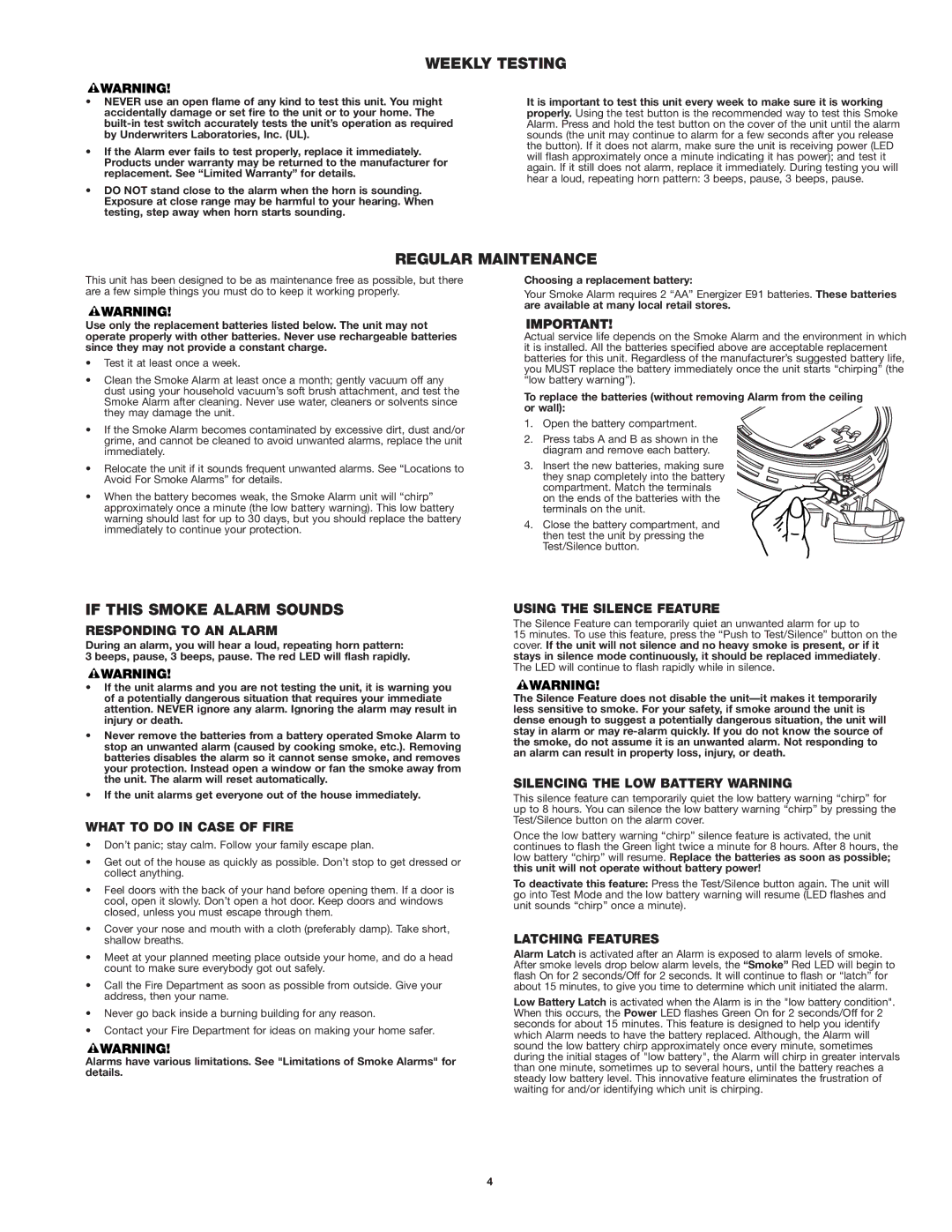 First Alert SA511CN2-3ST user manual Weekly Testing, Regular Maintenance, If this Smoke Alarm Sounds 