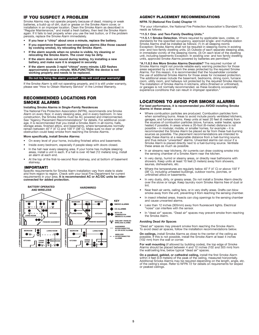 First Alert SA511CN2-3ST user manual If YOU Suspect a Problem, Recommended Locations for Smoke Alarms 